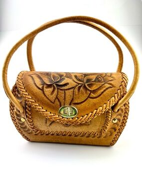 Hand-tooled Floral Leather Hand Bag in Tan (Vintage) made in Mexico